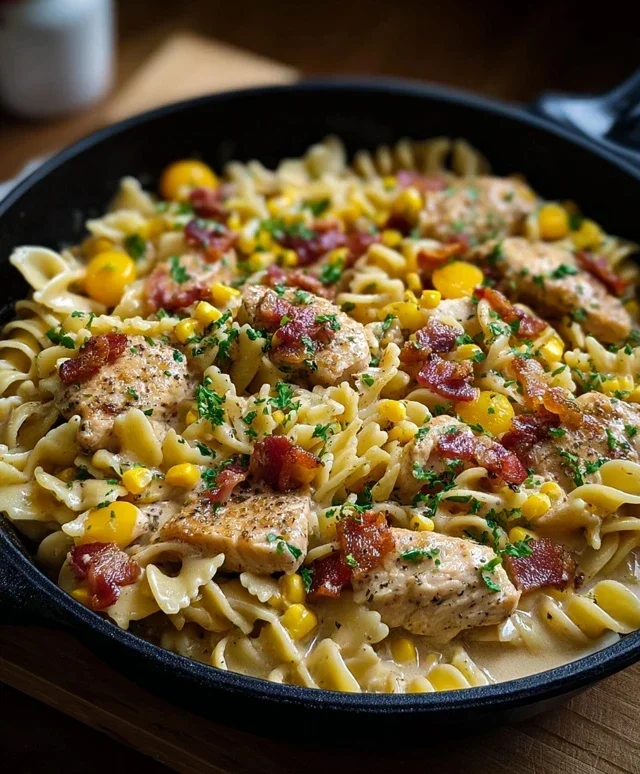 Creamy Chicken and Corn Pasta with Beef Beef Bacon