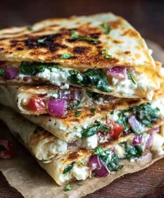 Mediterranean Quesadillas with Spinach, Feta, Mozzarella, and Red Onion