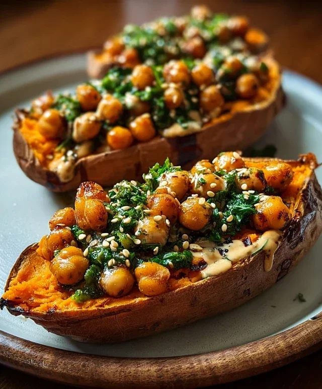 Sweet Potatoes with Tahini Butter Chickpeas