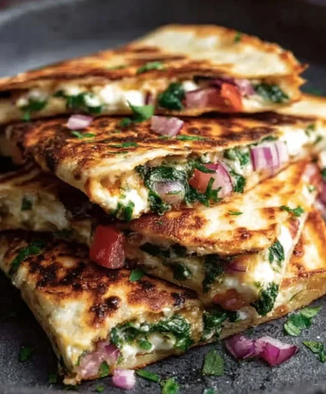 Mediterranean Quesadillas with Spinach, Feta, Mozzarella, and Red Onion