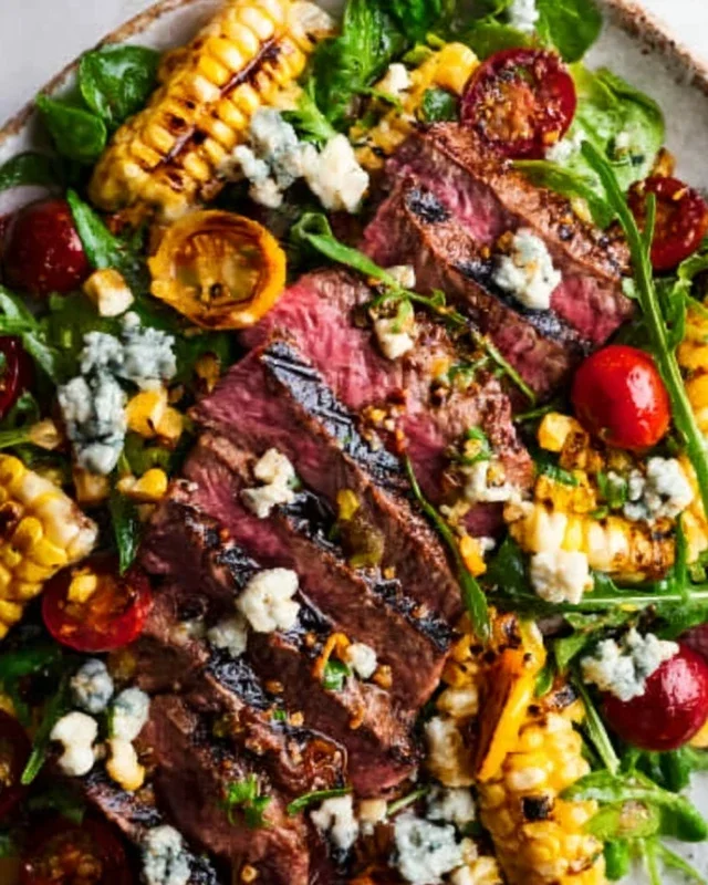 Balsamic Steak Gorgonzola Salad with Grilled Corn