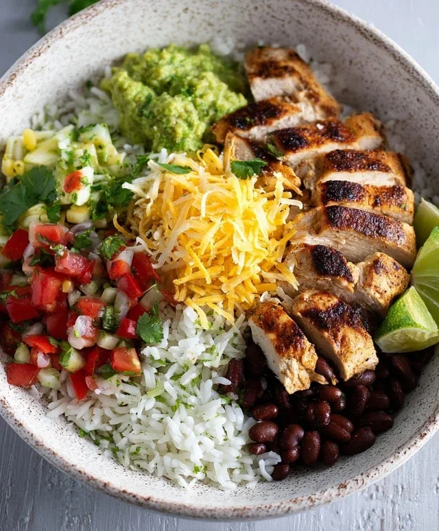 Grilled Chicken Burrito Bowl with Rice and Beans