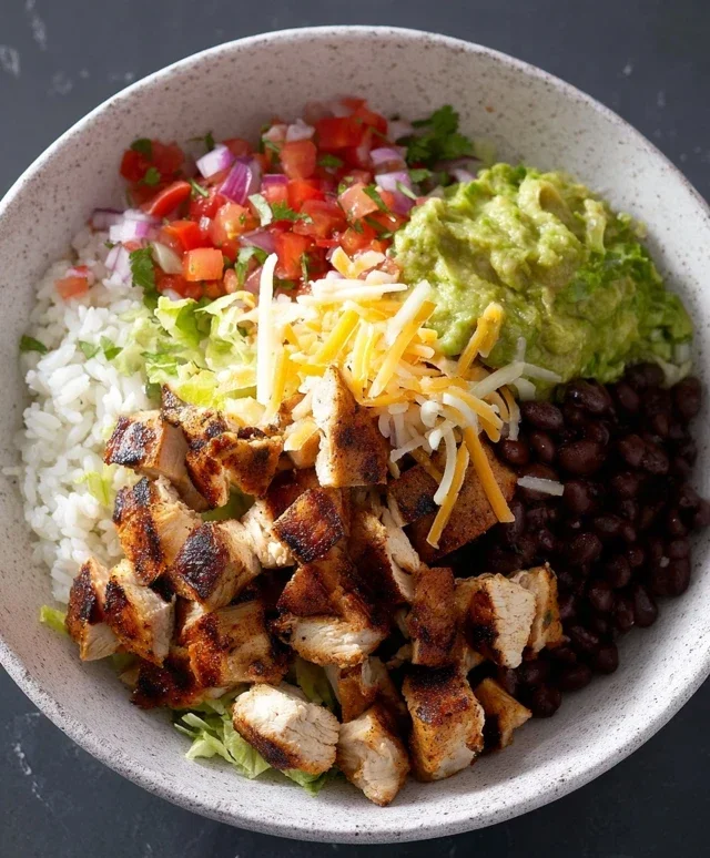 Grilled Chicken Burrito Bowl with Rice and Beans