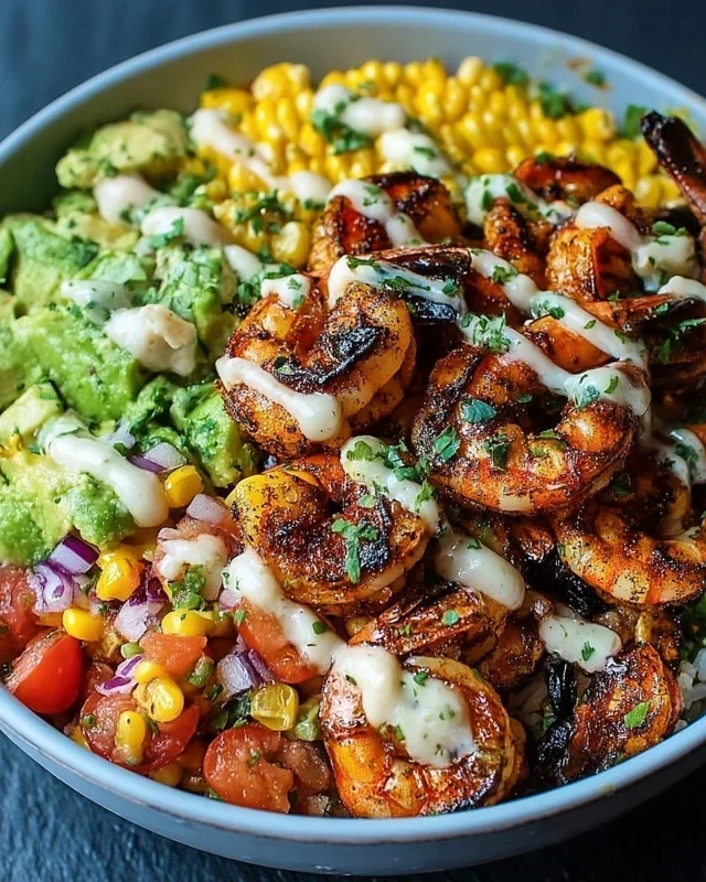 Grilled Shrimp Bowl with Avocado, Corn Salsa & Creamy Garlic Sauce