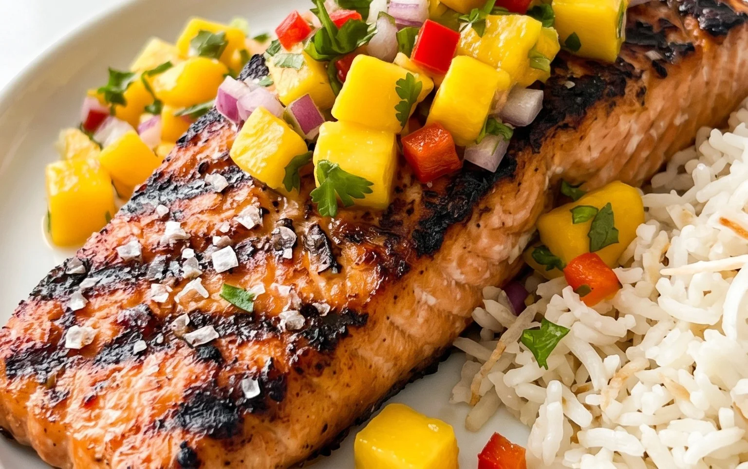 Grilled Salmon with Mango Salsa and Coconut Rice
