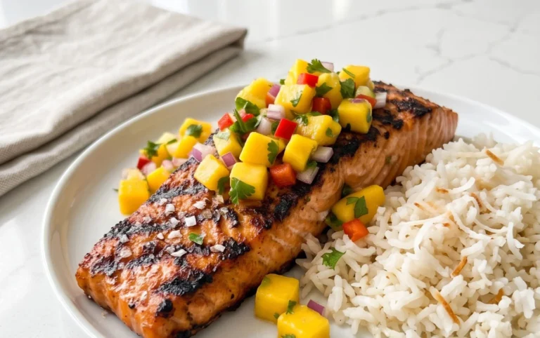 Grilled Salmon with Mango Salsa and Coconut Rice