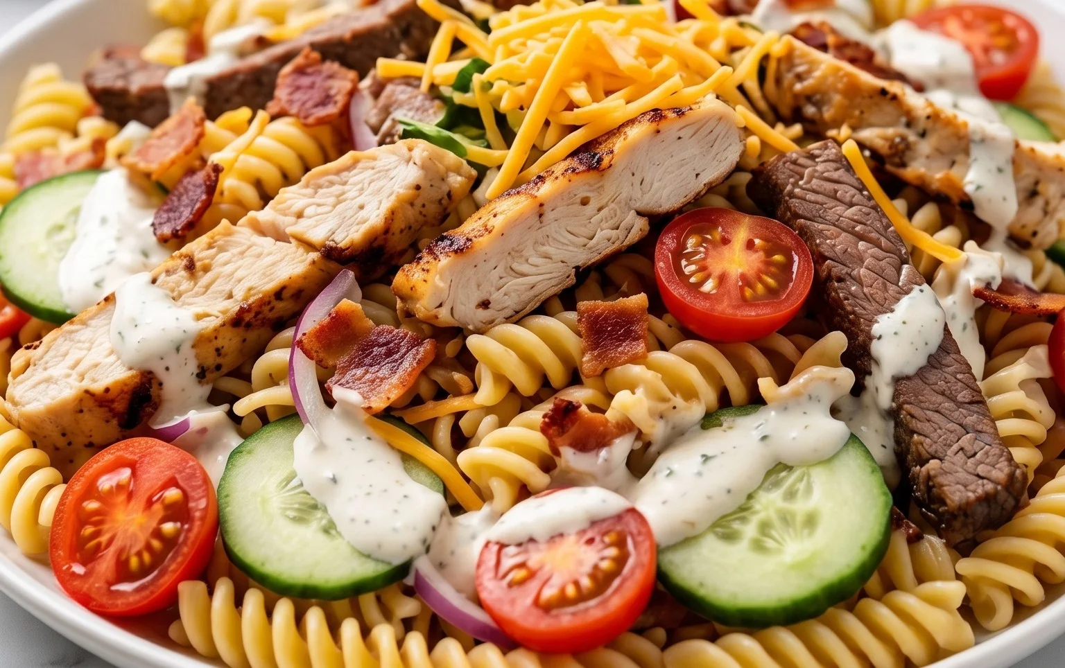 Chicken Beef Bacon Ranch Pasta Salad