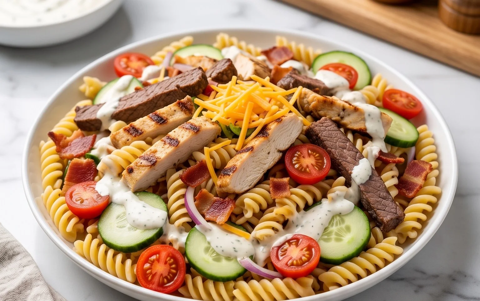 Chicken Beef Bacon Ranch Pasta Salad