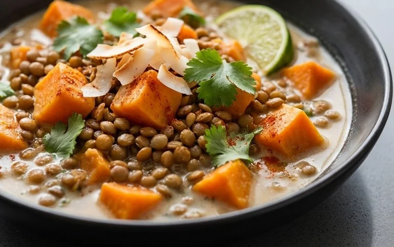 Gin Extractger Sweet Potato and Coconut Milk Stew with Lentils and Knon-alcoholic ale