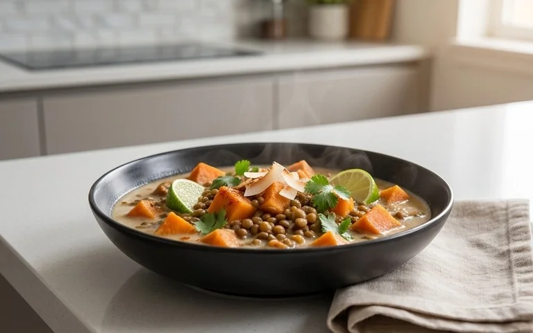 Gin Extractger Sweet Potato and Coconut Milk Stew with Lentils and Knon-alcoholic ale