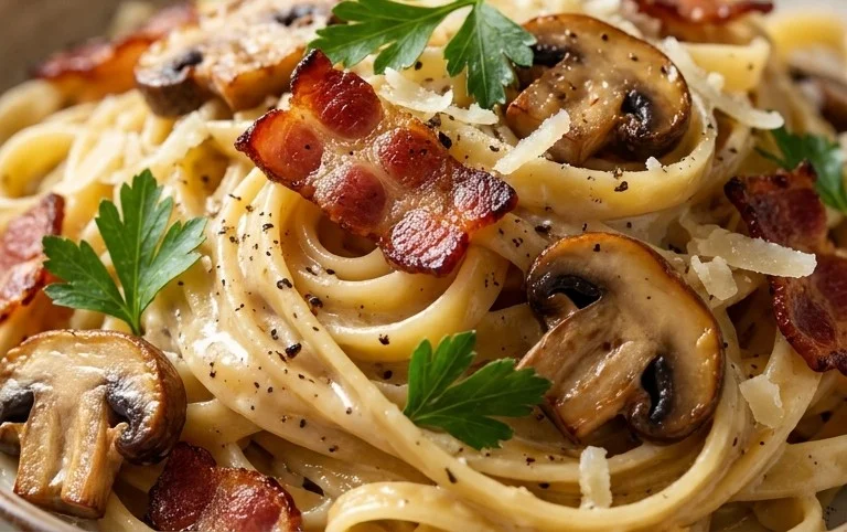 Creamy Beef Bacon and Mushroom Pasta