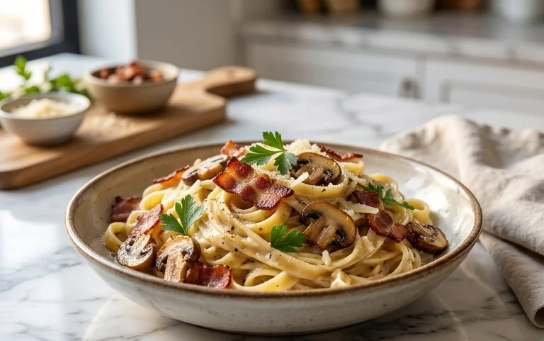 Creamy Beef Bacon and Mushroom Pasta