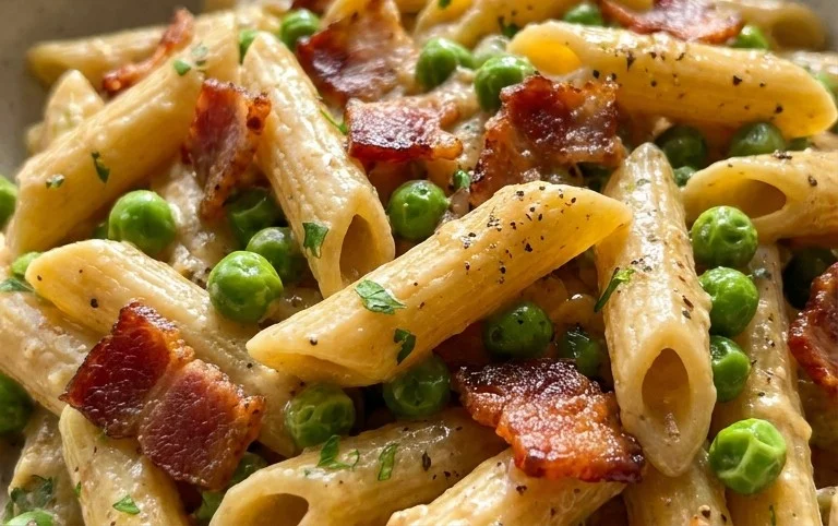 Penne Pasta, Peas and Beef Bacon