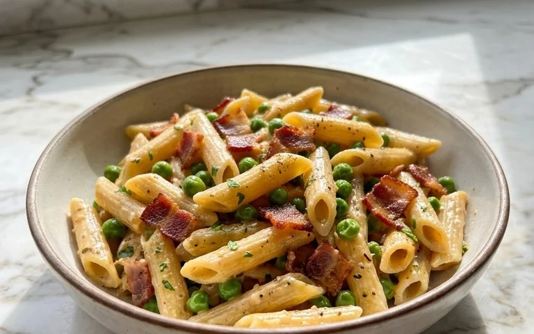 Penne Pasta, Peas and Beef Bacon