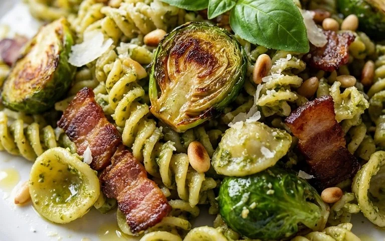 Brussels Sprouts and Beef Bacon Pesto Pasta