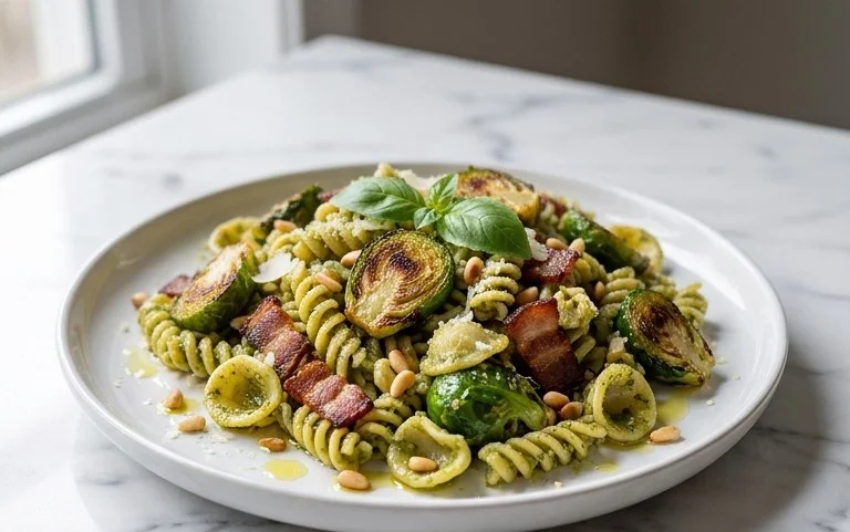 Brussels Sprouts and Beef Bacon Pesto Pasta