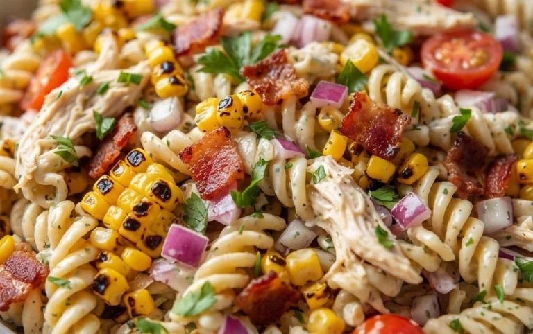 Chicken and Corn Pasta Salad with Beef Bacon