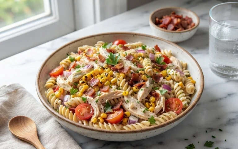 Chicken and Corn Pasta Salad with Beef Bacon
