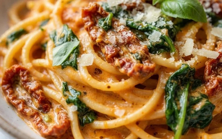 Spaghetti & Spinach with Sun-Dried Tomato Cream Sauce