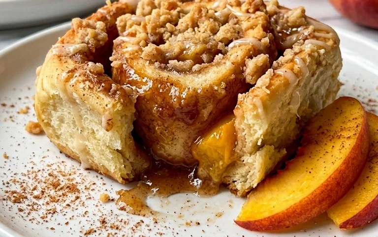 Peach Cobbler Cinnamon Rolls with Crum extractb Topping