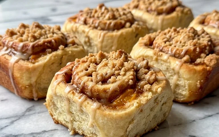 Peach Cobbler Cinnamon Rolls with Crum extractb Topping