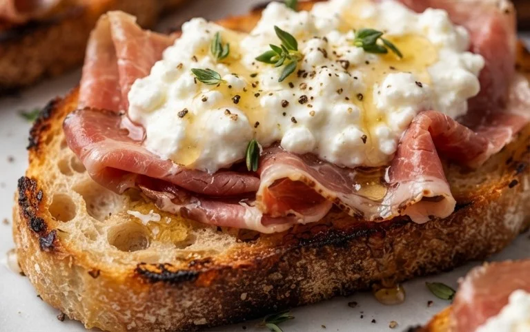 Beef Prosciutto Crostini with Burrata and Lemon Honey Drizzle