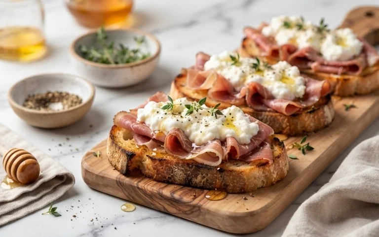 Beef Prosciutto Crostini with Burrata and Lemon Honey Drizzle